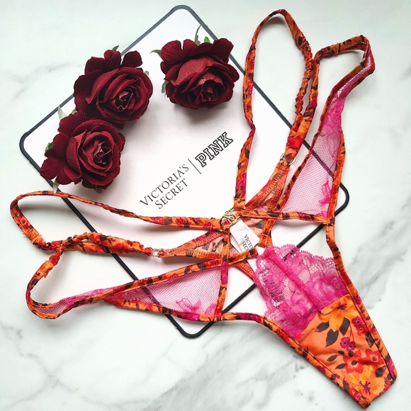 NWT VICTORIA'S SECRET VERY SEXY TROPICAL SATIN LACE HIGH-LEG STRAPPY THONG PANTY - Picture 1 of 6